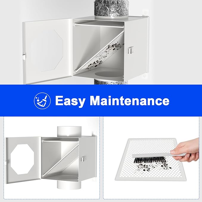 Metal Dryer Lint Trap & Catcher - Indoor Dryer Vent Kit with 90 Degree Dryer Vent Elbow,4" Hose & Clamps - Secondary Lint Box for Electric Dryers - Inline Lint Trap Box with Clear Window
