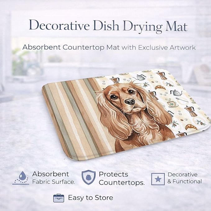 Caroline's Treasures Ruby Cavalier Spaniel Coffee Bar Dish Drying Mat Absorbent Dish Drying Mat Pad for Kitchen Counter Dish Drainer Mat for Countertop, 14 x 21", Multicolor