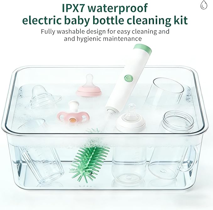 Portable Electric Silicone Bottle Brush Set, 7-in-1 UV Light USB Charging, Nipple/Straw Cleaner, Milk Mixer, Built-in Drying Rack & Storage Case, BPA-Free, IPX7, On-the-Go for New Parents (Mint)
