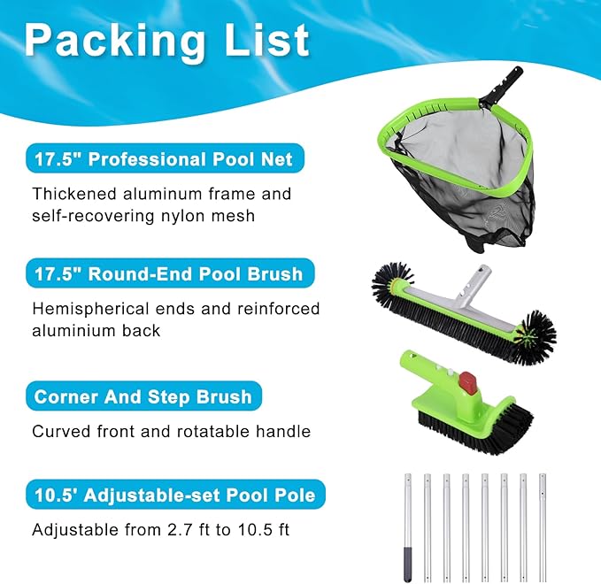 Sepetrel Deluxe Swimming Pool Cleaning Kit with 10.5" Aluminum Pole, Professional Pool Maintenance Set with Leaf Skimmer Net, 17.5" Pool Brush Head & Hand Scrub Brush for Inground & Above Ground Pools