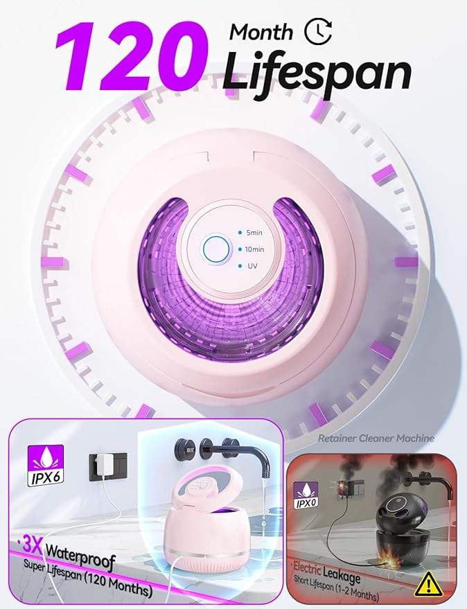 Beser Ultrasonic Retainer Cleaner, 2X Clean, 4X Sterilize, Dental Retainer Cleaner Machine Pod for Aligner, Nightguard, Mouth Guard, Denture Cleaner, Oral Dental Care, IPX6, 200ML, Pink