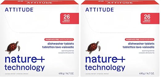 ATTITUDE Dishwasher Pods, Plant-Based & Vegan, Phosphate-Free Detergent Tablets, Naturally Derived, Unscented, 26 Count (Pack of 2)