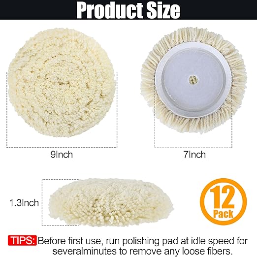 12 PCS Wool Buffing Polishing Pads 7 Inch, Natural Wool Cutting Pads with Hook and Loop Backing Compound & Polishing for Automotive Car Boats Glass Furniture Repair
