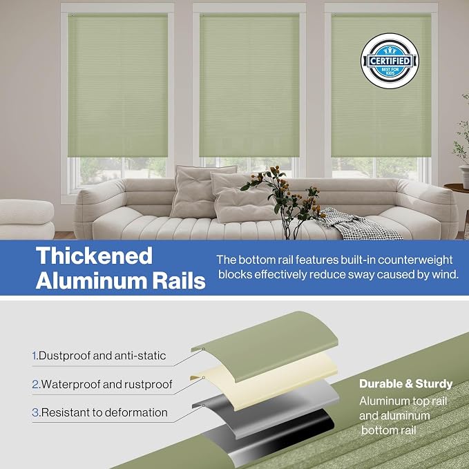 No Drill Cellular Shades, Sage Custom Size Cordless Light Filtering Pull Down Pleated Honeycomb Blind Thermal Insulated Easy Install for Indoor Window Bedroom Living Room Kitchen Door