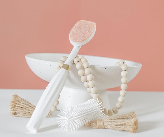 Spristle Wand Starter Set by Winnie & Lu – Premium Dish Wand & Bottle Washer Set, Interchangeable Sponge, Silicone Bristle Head, Eco-Friendly Cleaning (White & Gold)