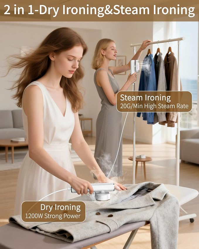Steamer for Clothes, 2-in-1 Steam Iron for Clothes, 1200W Handheld Steamer 10s Heat-Up, Travel Steamer Fast Wrinkle Removal, Portable Garment steamer for Home Travel -White, 110-120V