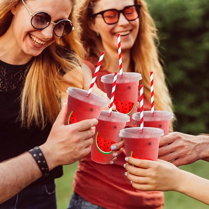 Whaline 50Pcs Watermelon Disposable Plastic Cups with Lids and Straws 12 Oz Red Watermelon Cold Beverage Drinking Cups for Summer Fruit Birthday Party Supplies