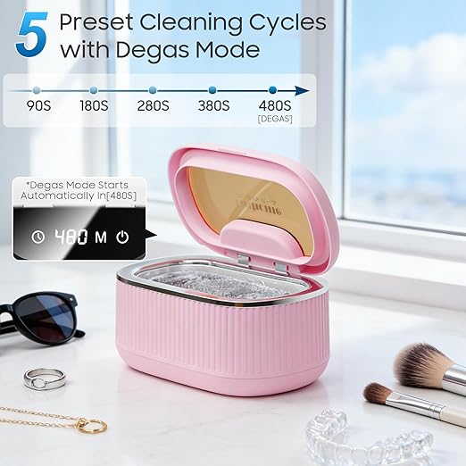 Ultrasonic Jewelry Cleaner Machine with 2×100ml Cleaning Solution, 45kHz Sonic Cleaner for Rings, Glasses & Watch Band, 550ML Stainless Steel Tank, 5 Timer, 3 Power Levels, Degas Mode-Pink