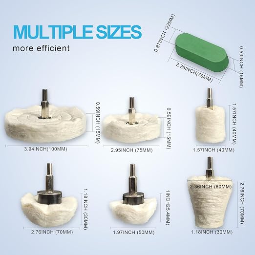 Neeki 6 Drill Buffing Wheels and 3 Polishing Compounds, Multi-Specification Wheel Kit for Metal, Stainless Steel, Jewelry, Wood, Ceramic, Glass, and Other Surfaces