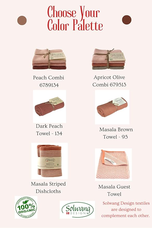 Solwang 3-Piece Danish Cotton Dishcloths in 100% Certified Organic Cotton Made in India (Apricot/Olive Organic Combi)