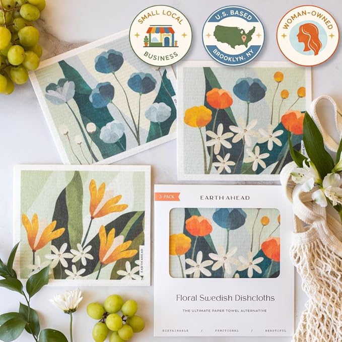 Swedish Dishcloths – Classic Botanical Floral Designs – Reusable Compostable Cellulose Sponge Cloth – Eco-Friendly Paper Towel Alternative 3 Pack