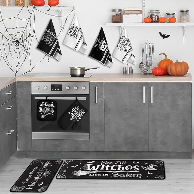 Fanfanwin 10 Pcs Halloween Kitchen Decor Set Witch Kitchen Towels and Rugs Pot Holders Oven Mitts Set for Home Cooking Dish Baking Decorative