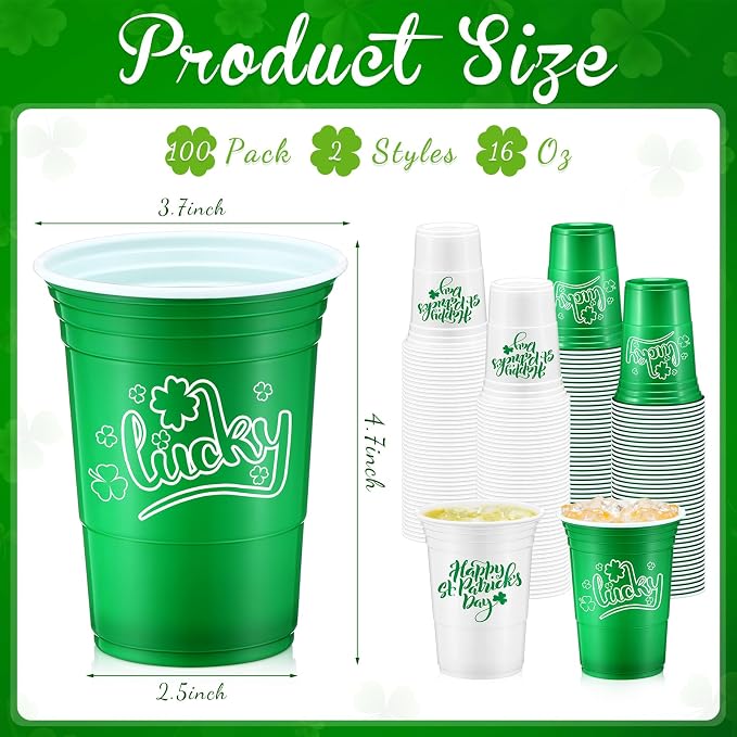Pickmesh 100 Pcs St Patricks Day Plastic Cups 16oz Lucky Shamrock Design Disposable Cups for Lucky Party Supply St Patrick's Day Tumblers for Hot Cold Drinks Coffee Juice Beer Candy Snacks