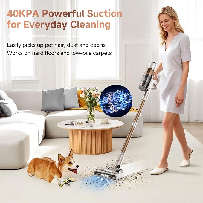 Cordless Vacuum Cleaner: Portable 6-in-1 Stick Vacuum with Anti-Tangle Brush, LED Headlight, Self-Standing, HD Display, Rechargeable Vacuum for Pet Hair, Low-Pile Carpet and Hardwood Floor-Off White