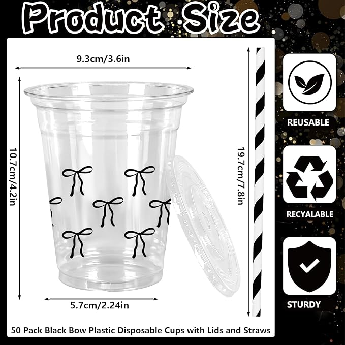 FYSUIMU 50Pcs 12Oz Black Bow Plastic Cups with Lids & Straws Cute Bowknot Clear Disposable Cups for Coquette Birthday Baby Shower Party Supplies