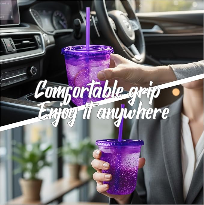 12oz Disposable Stemless Glasses with Flat Lids and Straws,PET Disposable Drinking Cups,Clear Plastic Wine Glasses for Parties Birthday,Wedding,Meeting,Christmas Party Supplies. (100, Purple)