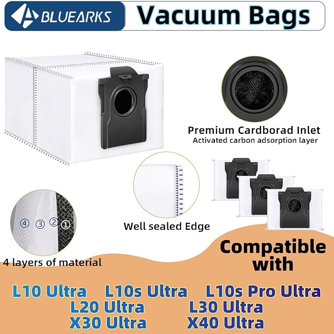 26Pcs X50 Ultra Accessories Kit fot L50 Ultra/Matrix10 ultra/L40s Pro Ultra/Mova V50 Ultra Replacement Parts,2 Main Brush 4Hepa Filters 6Side Brush 6Vacuum Bags 6Mop Pads