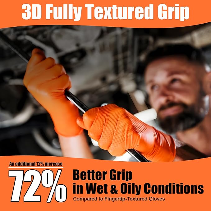 TREEGO Orange Nitrile Gloves 10 Mil Heavy Duty Disposable Latex Free Gloves – Extra Thick Diamond Grip Mechanic Gloves for Heavy Work, XL, 1000 Count Case