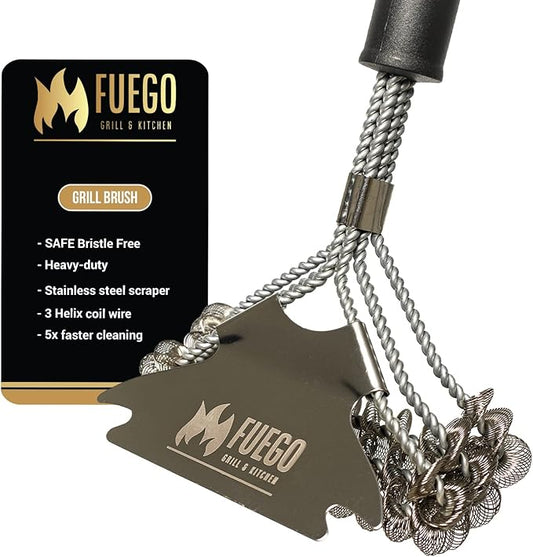 Fuego Grill Brush and Scraper Bristle Free - 17” Safe BBQ Brush for Gas/Charcoal/Weber Grills - Stainless Steel Triple Helix Grill Cleaner - Quality Grill Accessories for Dad