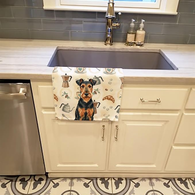 Caroline's Treasures Airedale Terrier Coffee Bar Kitchen Towel Velour Plush Front and Cotton Loop Back Machine Washable