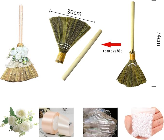 Wedding Brooms DIY, Bride & Bridegroom Jump Broom, Whisk Wedding Broom with Ribbons, Simulated Roses and Pearls, Lace Cloth