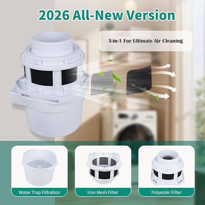 2026 Exclusive 3-in-1 Indoor Dryer Vent Kit - Dryer Lint Catcher Box Water Filter Bucket - Indoor Dryer Lint Trap for Electric Dryer for Apartment (White Dryer Vent Box with Gray Hose)