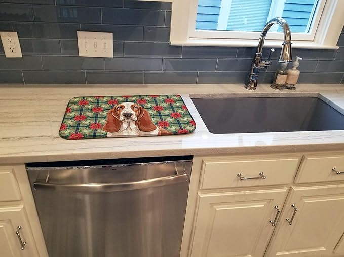 Caroline's Treasures Red and White Basset Hound Christmas PoinsettIas Dish Drying Mat Absorbent Dish Drying Mat Pad for Kitchen Counter Dish Drainer Mat for Countertop, 14 x 21", Multicolor