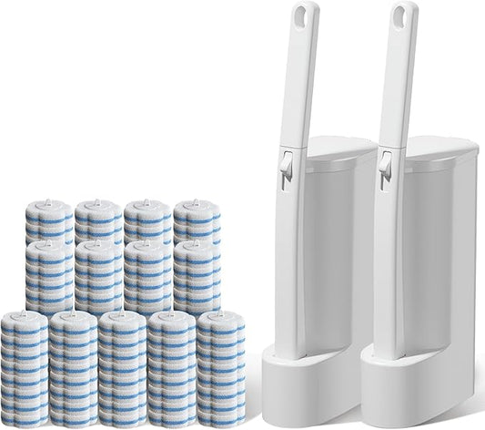 Wazzio 2 Pack Disposable Toilet Brush with Holder Set, 104 Count Toilet Wand Refills, Extended Handle Toilet Bowl Cleaner Brush for Bathroom and Bathtub Deep Cleaning