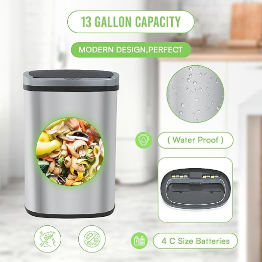 24/7 Shop at Home Freeway 13 Gallon Metal Household Trash Can Motion Sensor Lid for Kitchen, Silver