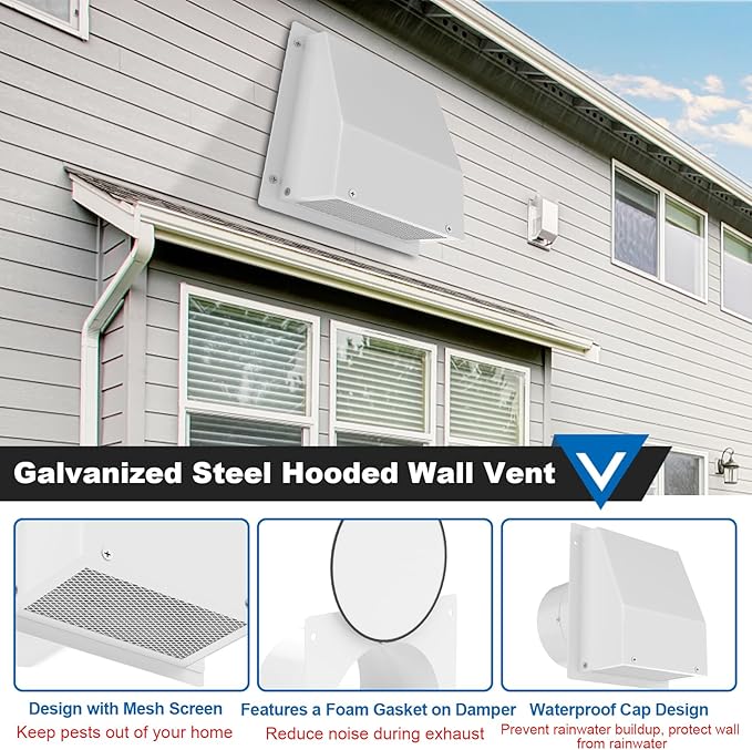 6 Inch Hooded Wall Vent with Screen and Damper, Galvanized Steel Wall Vent Cover White Metal Hood Cap Exhaust Duct Pipe Kit with Hose Clamp Aluminum Foil Tape Screw for Laundry Room Bathroom Basement