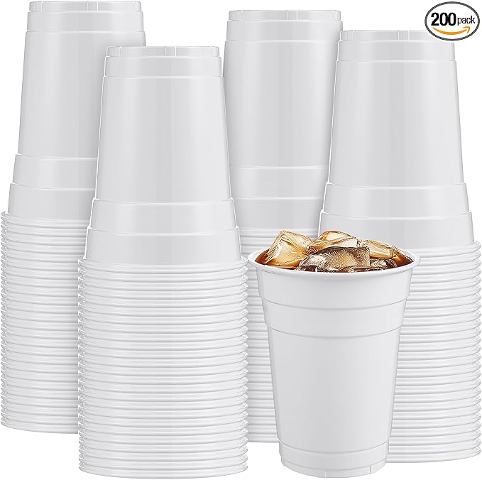 Mimorou White 200 Pack Plastic Cups 16 oz Disposable Cups for Party Wedding Halloween Stackable Beverage Drinking Tumbler Heavy Duty for BBQ Birthday Baby Shower