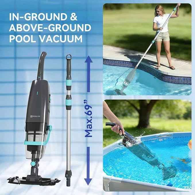 PoolMr Cordless Pool Vacuum for Above Ground Pools & Inground Pools, 18.5 GPM Suction, 60min Runtime – Handheld Pool Vacuum with Telescopic Pole, for Spas & Hot Tubs, Solid Black