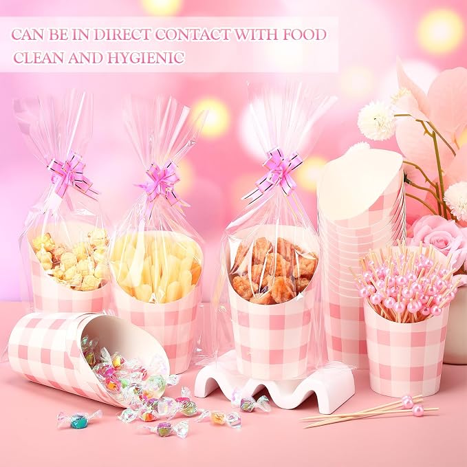 Bokon 100 Set Valentine's Day 14 oz Charcuterie Cup with Stick and Bag, Disposable Pink French Fries Snack Popcorn Dessert Fruit Holder for Birthday Wedding Valentine's Day Party Supplies
