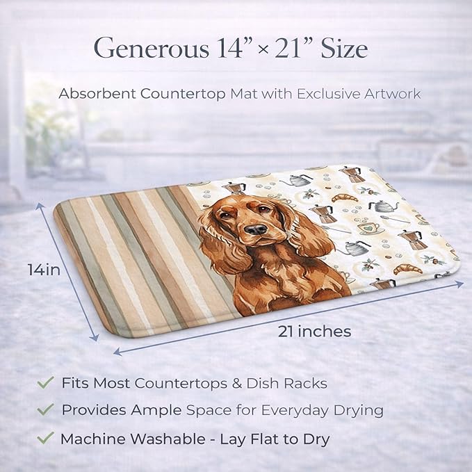 Caroline's Treasures Red English Cocker Spaniel Coffee Bar Dish Drying Mat Absorbent Dish Drying Mat Pad for Kitchen Counter Dish Drainer Mat for Countertop, 14 x 21", Multicolor