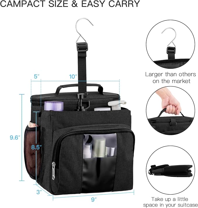 Bukere Portable Shower Caddy Tote Bag for College Dorm Travel, Separate Compartment, Large Capacity, Quick Dry Mesh Base, Hanging Toiletry Bath Bag for Student, Gym, Camp, Women Men (BLACK&BLACK)