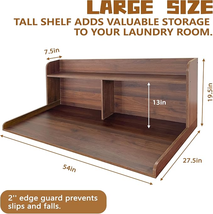 Royxen Washer Dryer Countertop with Extra Tall Shelf, 19" Height Washer and Dryer Topper, Laundry Countertop with Non-Slip Pads, Universal Fit for Laundry Room Organization, Walnut