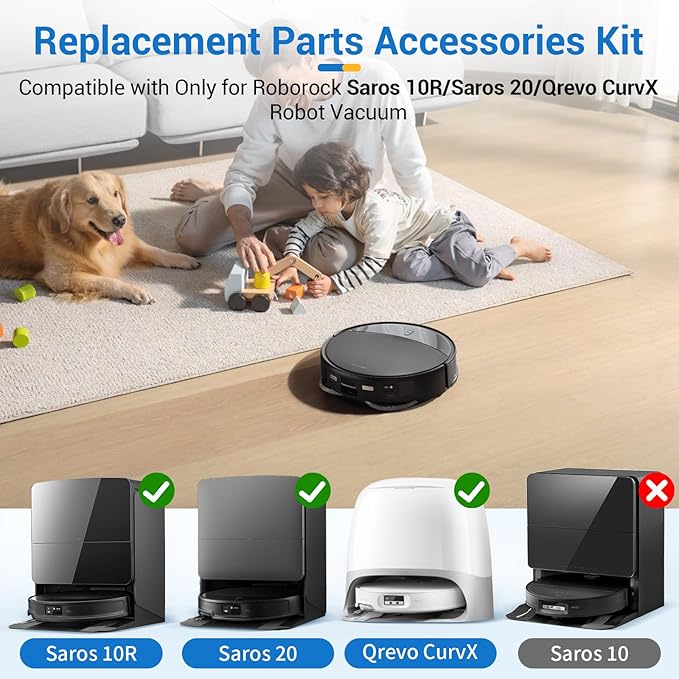 26Pcs Accessories Replacement Parts for Roborock Saros 20, Saros 10R, Qrevo CurvX Robot Vacuum Kit, 2 Main Brush 4 Hepa Filter 6 Mop Pads 6 Side Brush 6 Dust Bags 1 Screwdriver 1 Clean Tool