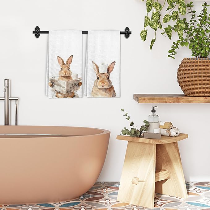 Funny Rabbit Bunny Hand Towels for Bathroom Kitchen Nursery Decor, Rabbit Gifts for Rabbits Lovers, Farmhouse Bunny Decorative Hand Towels Set of 2, Rustic Farm Animals Dish Tea Towels, 16x24