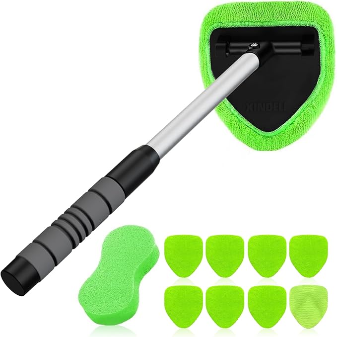 XINDELL Windshield Cleaning Combo – Upgrade Large-Head Car Window Cleaner Tool with Extendable Handle & 4 Pads + 5-Pack Replacement Microfiber Triangular Covers for Interior/Exterior Auto Glass, Strea
