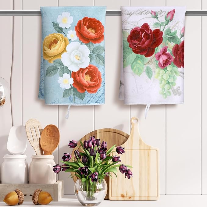 Bencailor 16 Pcs Spring Floral Kitchen Towels Bulk Flower Dish Hand Towels Ultrafine Fiber Absorbent Wildflower Tea Cloths for Kitchen Bathroom Decor, 16 x 24 Inch