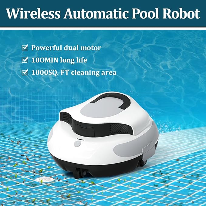 Cordless Robotic Pool Cleaner,100 Mins Automatic Robotic Pool Cleaner Self-Parking Vacuum Suction 5200mAh for Above In-Ground Pool Pool Up to 1000 sq.ft