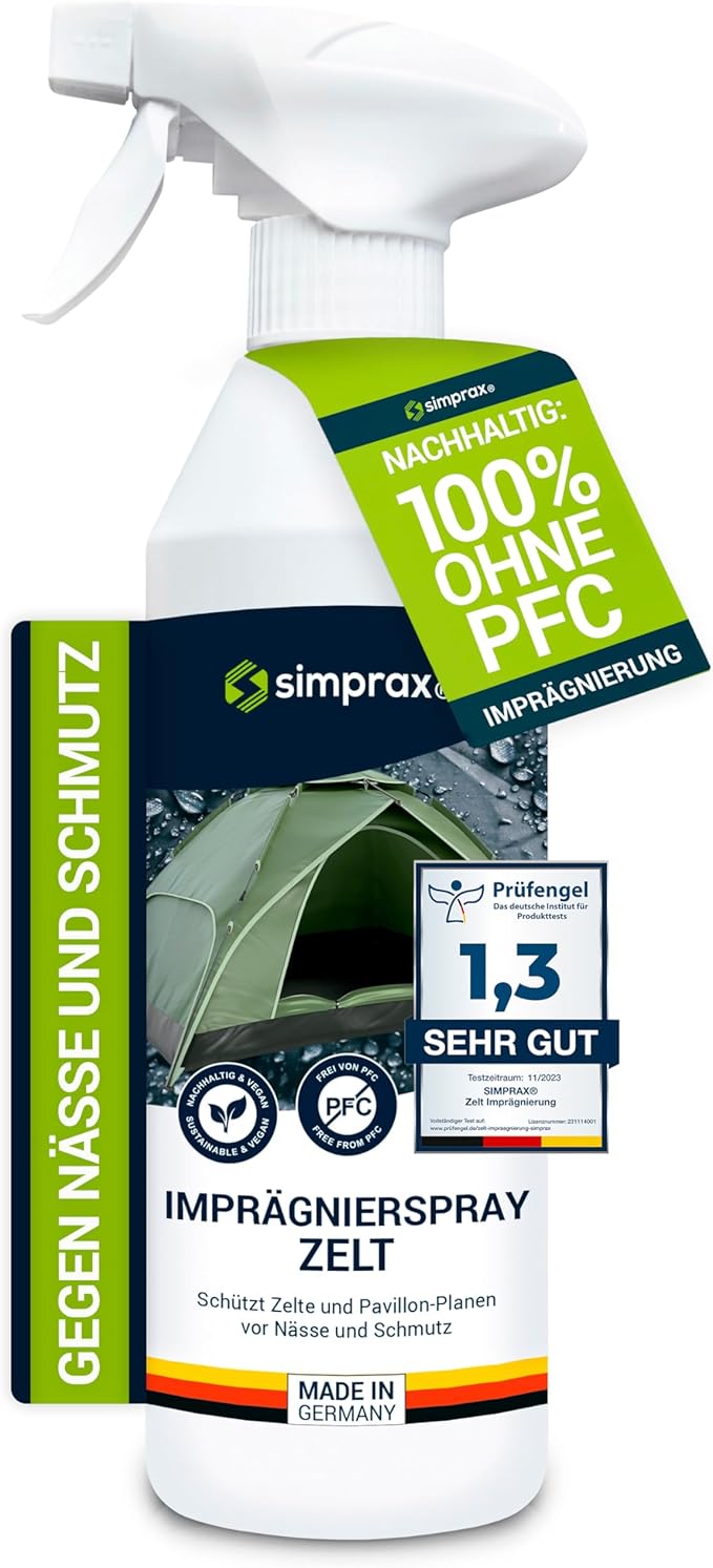 simprax® Tent Waterproofing Spray - Certified Eco-Friendly, UV-Stable & Biodegradable Waterproof Spray | Made in Germany | Waterproofing Spray Enhances Water-Repellency for Tent & Technical Textiles