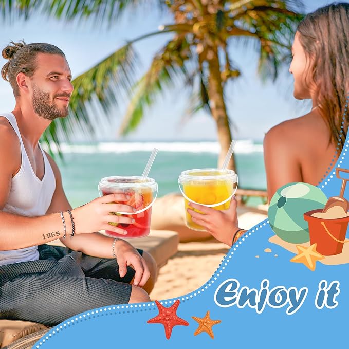 JarThenaAMCS 50Pcs Clear Plastic Cups with Lids & Straws 24 Oz Drink Bucket with Handle Disposable Cocktail Pails for Beach Pool Birthday Baby Shower Party Supplies