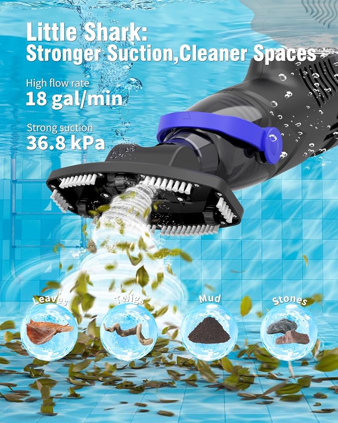 (2026 Upgrade) Little Shark Cordless Pool Vacuum, 60W Motor, 18 GPM Strong Suction, 5000mAh Battery, 60-Min Runtime, Compact Lightweight Handheld Pool Cleaner for Above Ground Pools & Hot Tubs