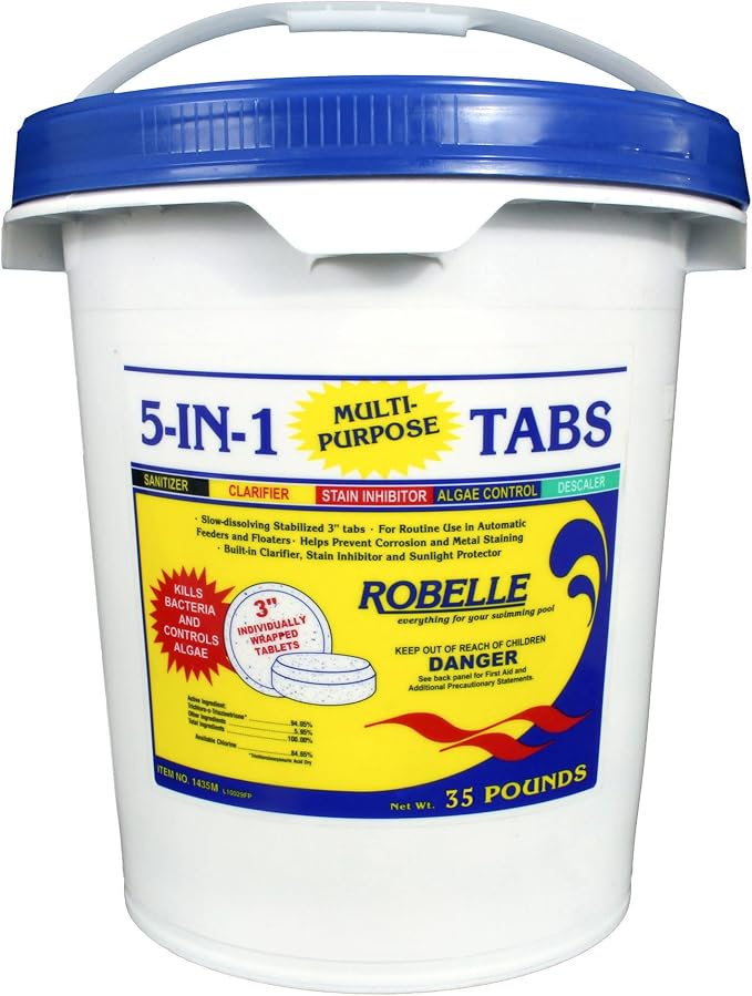 Robelle 35-Pounds Premium 5-In-1 Multi-Purpose Tabs, Chlorine Tablets 3 Inch, Sanitizer, Clarifier, Stain Inhibitor, Algae Control, Descaler, Sunlight Protector All In One, Made In USA