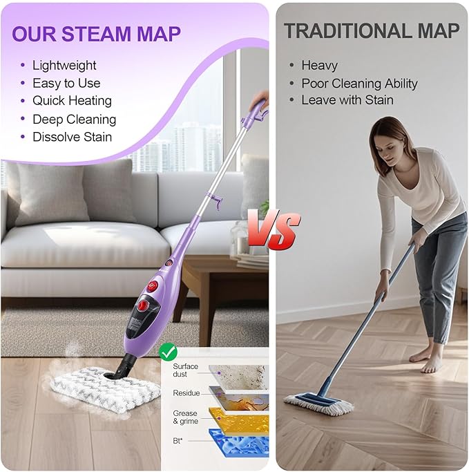 Steam Mop Cleaner with Detachable Handheld Steamer, 13.5 oz Tank, 20FT Cord, Fast Heat-Up, 10-in-1 Multi-Surface Cleaning for Floors, Tiles & Grout