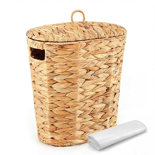 Ctosree 2.5 Gallons Small Wicker Trash Can Woven Wicker Bathroom Waste Basket with Lid Handle Boho Trash Basket with 100 Plastic Garbage Bags for Bedroom Office Laundry(Oval Style, Natural)