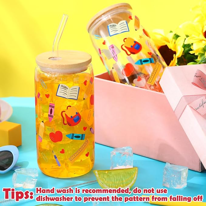Sliner 2 Pcs Teacher Glass Cups End of Year Appreciation Gifts Graduation Drinking Glasses 16 oz Reusable Iced Coffee Tumbler with Lid Straw for Student Home Office Classroom Party Supplies