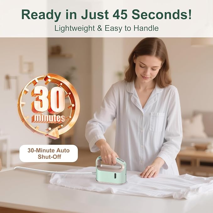 Newbealer Smart Steam Iron 1200W Turbocharged Steam 120V (Mint-Green) | Mini Heat Press, Pro-Grade 3 Steam & 3 Dry Heat Modes, 45s Heat-Up, Auto-Off, Nonstick Ceramic Soleplate, for Home/RV/Hotel