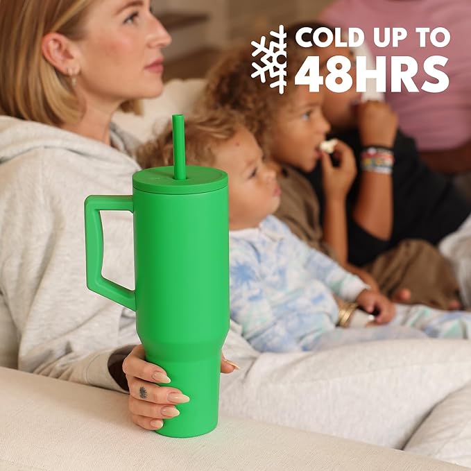 Elemental 40 oz Tumbler with Handle and Straw - Spill Proof Insulated Stainless Steel Commuter for Cold Beverages - Travel Coffee Mug with 2 Straws & Spill Proof Lid - 40oz - Green